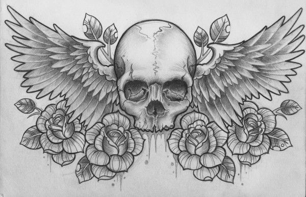 600x387 Skull Sword Rose Drawing Wings - Skull With Wings Drawing