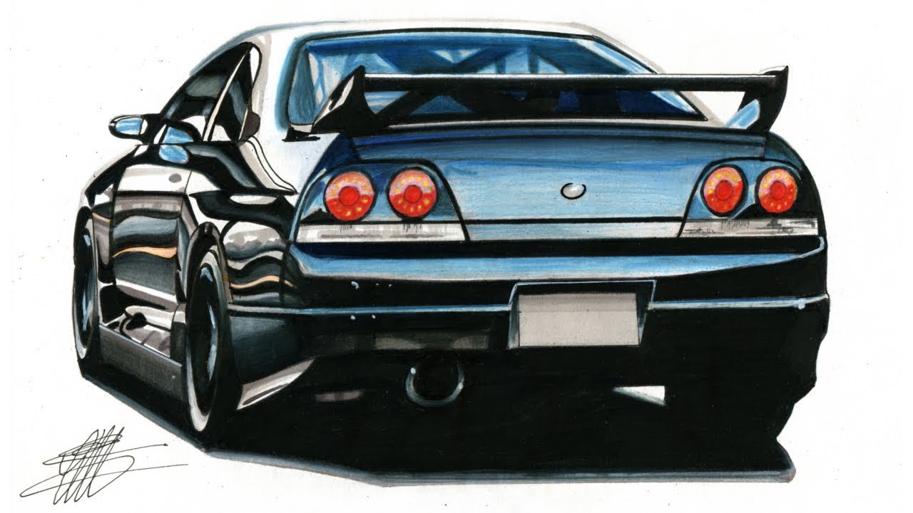 1280x720 Realistic Car Drawing - Skyline Car Drawing