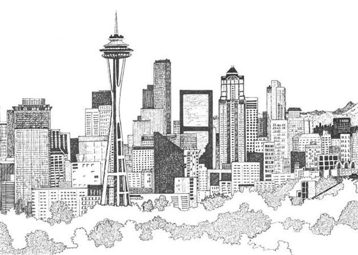 700x500 Seattle Skyline Ink Drawing Greeting Card For Sale - Skyline Drawing