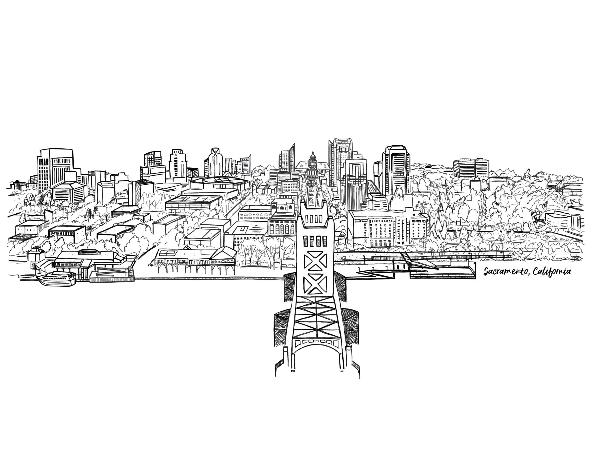 2048x1583 black white skyline line drawing, sacramento, ca art giclee - Skyline Line Drawing