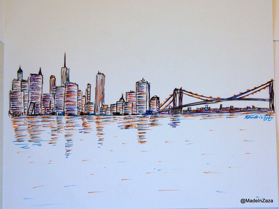 570x427 New York City Manhattan Skyline Markers Drawing Etsy - Skyline New York Drawing