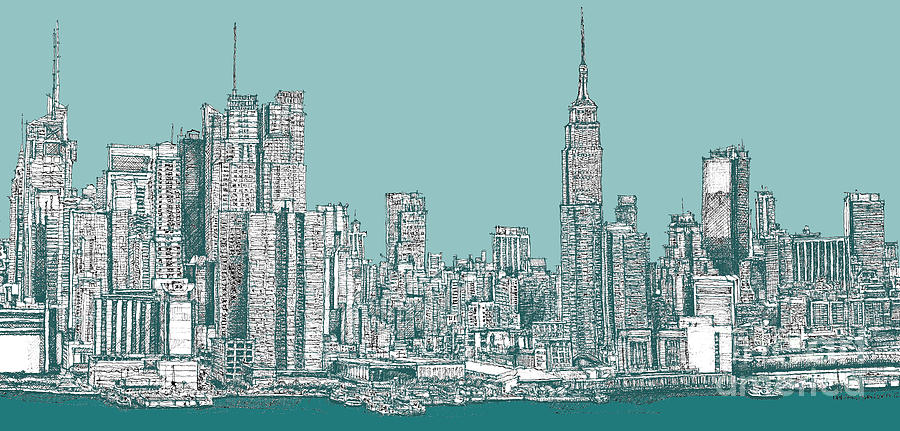 900x431 Study Of New York City In Turquoise Drawing - Skyline New York Drawing