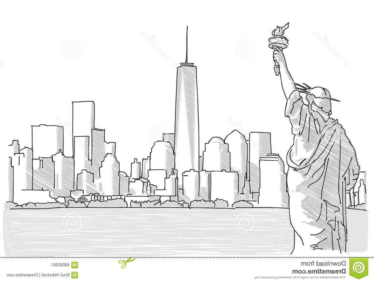 1300x984 Best Hd Free Hand Sketch New York City Skyline Statue Liberty - Skyline New York Drawing