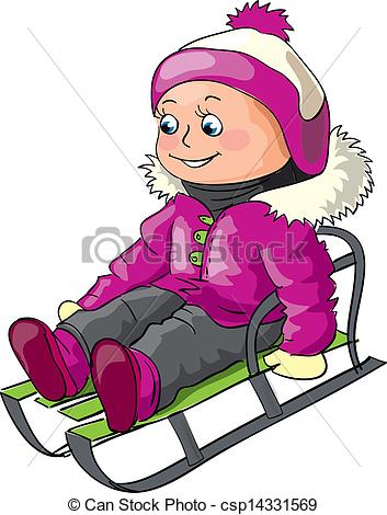 353x470 Girl Riding On A Sledge Winter Illustration For Children Outdoor - Sledge Drawing