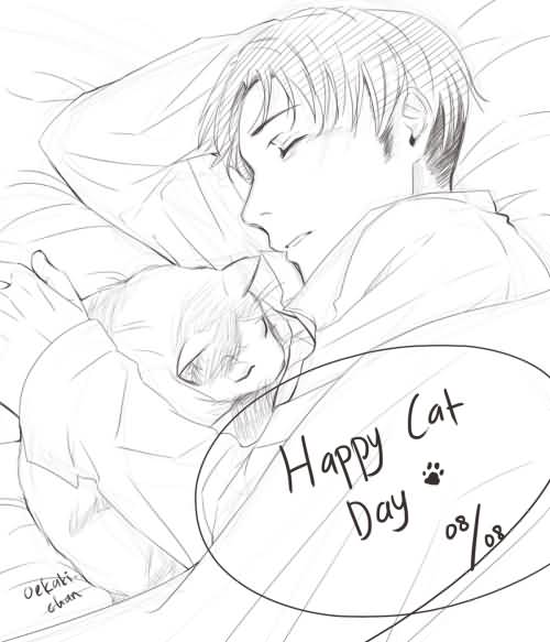 500x583 Happy World Cat Day Boy Sleeping With Cat Pencil Drawing - Sleeping Boy Drawing