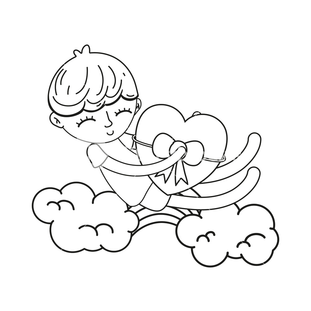 1000x1000 Line Sleeping Boy And Heart With Ribbon Bow In The Cloud Vector - Sleeping Boy Drawing