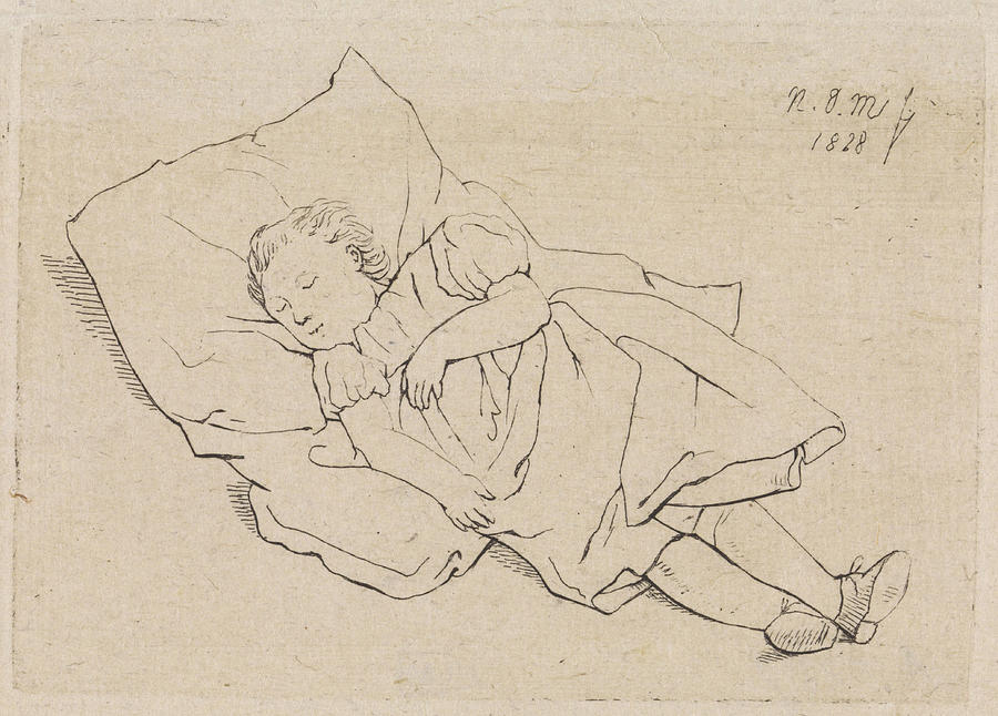 900x646 Sleeping Child On A Pillow, Anthonie Willem Hendrik Drawing - Sleeping Child Drawing