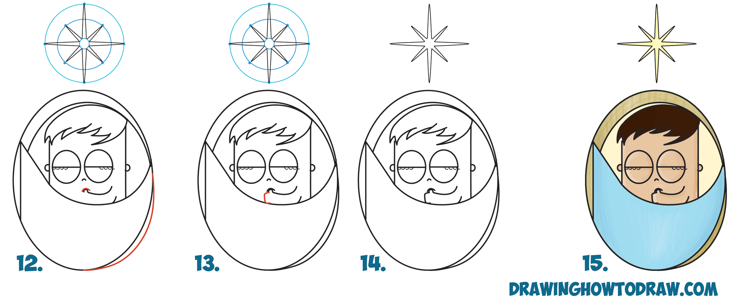 2400x989 How To Draw Cute Cartoon Baby Jesus Sleeping Under The North Star - Sleeping Drawing Easy