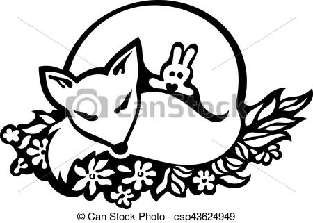 450x321 sleeping fox drawing cute fox sleeping with a bunny toy on flower - Sleeping Fox Drawing