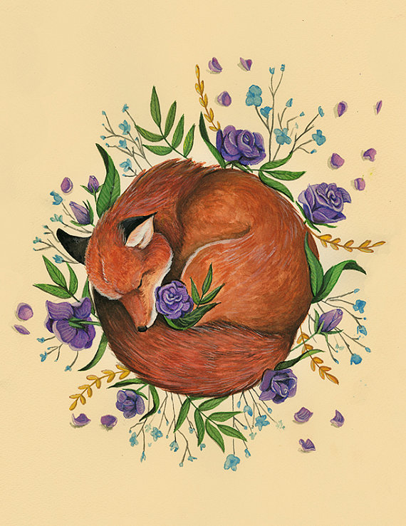 570x738 Floral Fox, Fox Illustration With X Art Print - Sleeping Fox Drawing