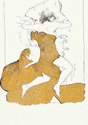 375x530 Woman Sleeping With Cats On Yellow Bed Drawing - Sleeping Woman Drawing