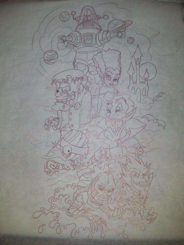 600x799 horror movie sleeve drawing tattoo - Sleeve Drawing