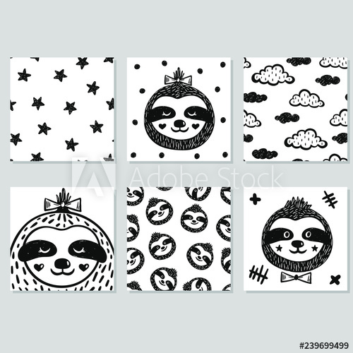 500x500 Set Of Hand Drawn Seamless Patterns, Prints, Cards With Cute Baby - Sloth Face Drawing