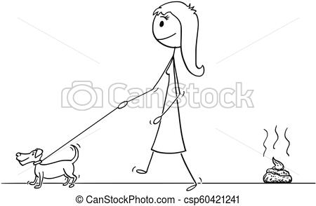 450x294 Cartoon Of Woman Walking With Small Dog, Leaving Excrement - Small Dog Drawing