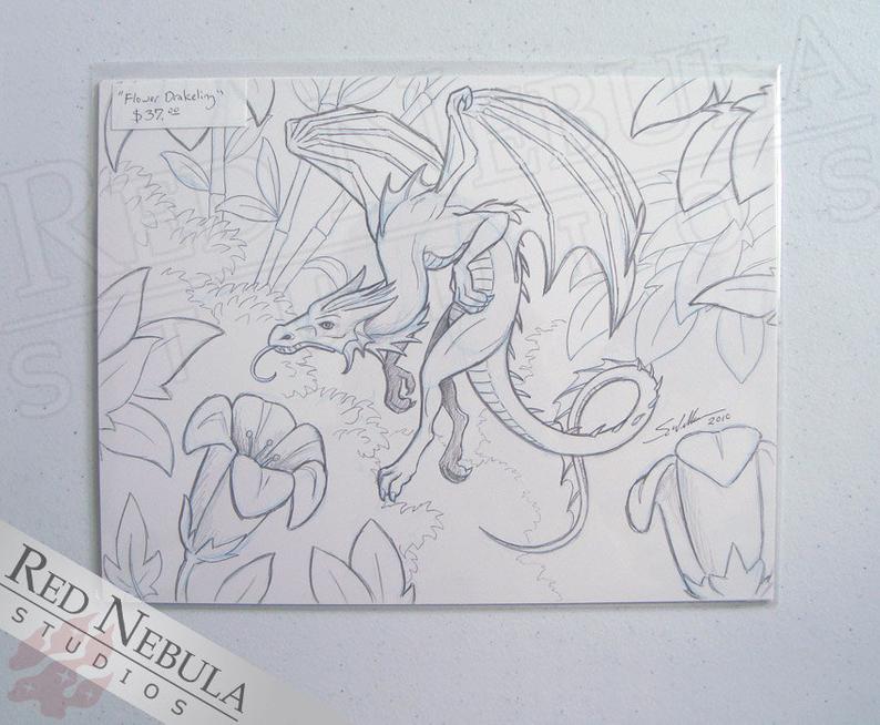 794x654 Tiny Flower Dragon Drawing Original Fantasy Art Small Etsy - Small Dragon Drawing