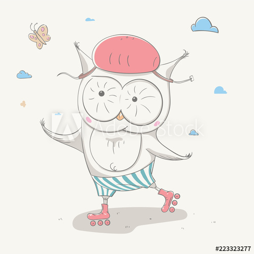500x500 Lovely Cute Small Owl In Helmet Chasing Butterfly On Rollers - Small Owl Drawing