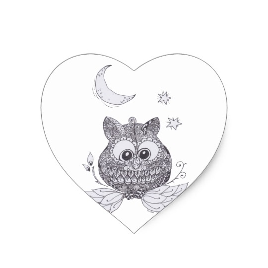 540x540 Small Owl With Moon Heart Sticker - Small Owl Drawing