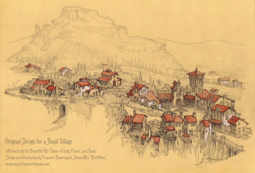 1024x698 Original Design For A Hilltop Village - Small Village Drawing