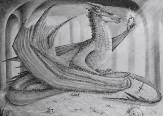 570x405 hobbit original pencil drawing smaug the dragon tolkien etsy - Smaug Dragon Drawing