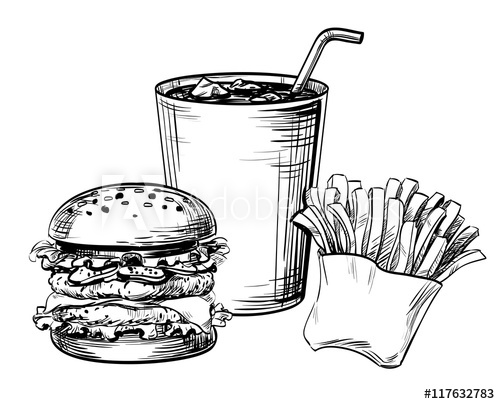500x404 sandwich, hamburger or burger fast food, french fries and drink - Snack Drawing