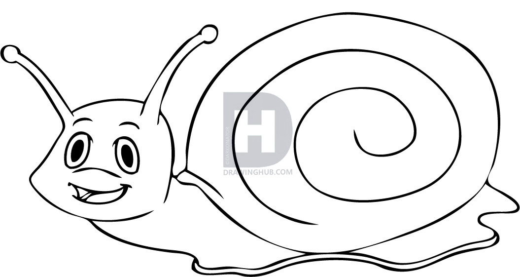 1055x561 How To Draw A Cartoon Snail, Step - Snail Line Drawing