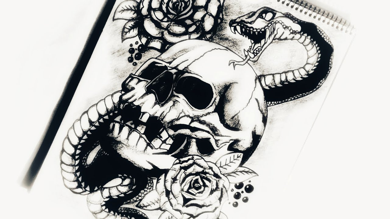 How To Draw Skull, Snake Roses Tattoo Design Body Tattoo - Snake And Sk...