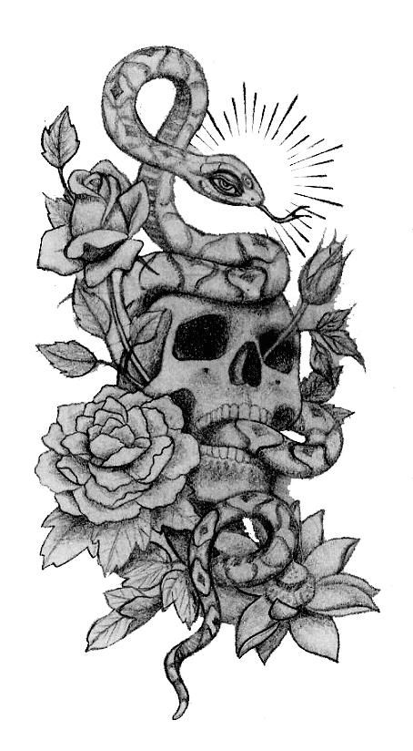 454x824 Skull Snake And Roses Tattoo Designs Tattoo Ideas - Snake And Skull Drawing