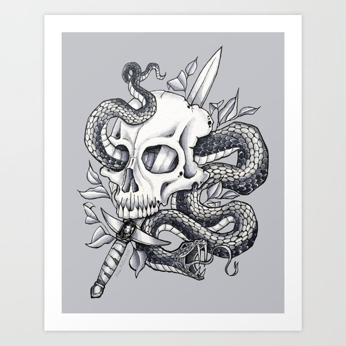 700x700 Snake Skull Art Print - Snake And Skull Drawing