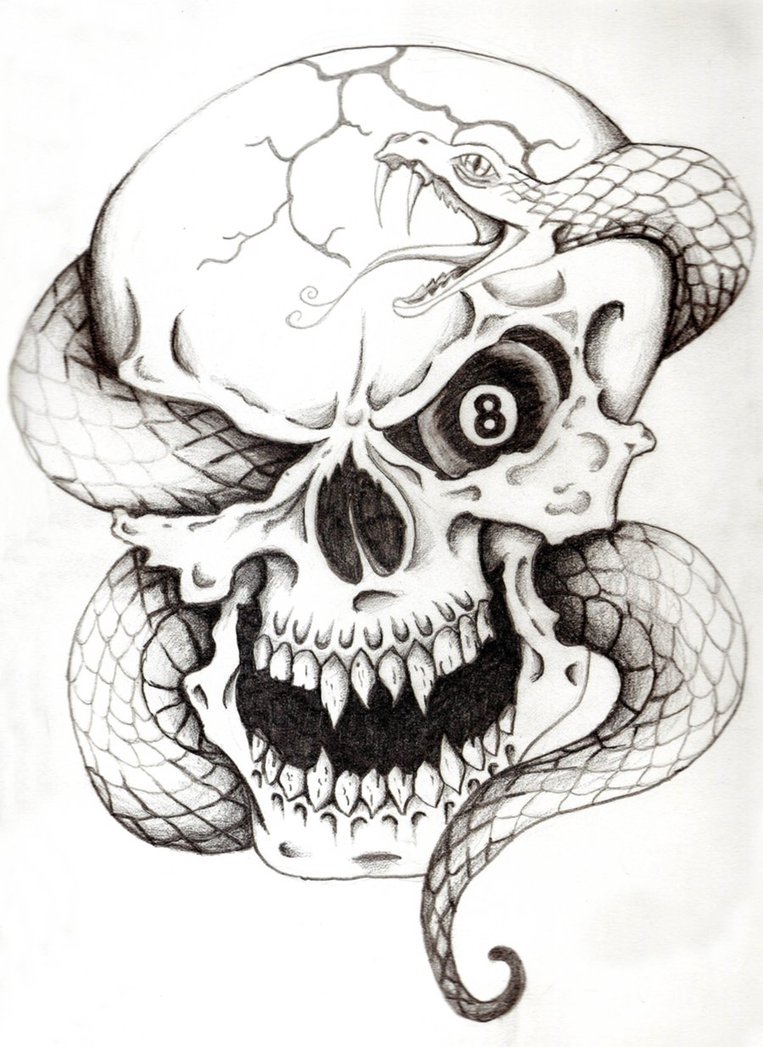 763x1047 Black Ink Snake In Skull Tattoo Design - Snake And Skull Drawing