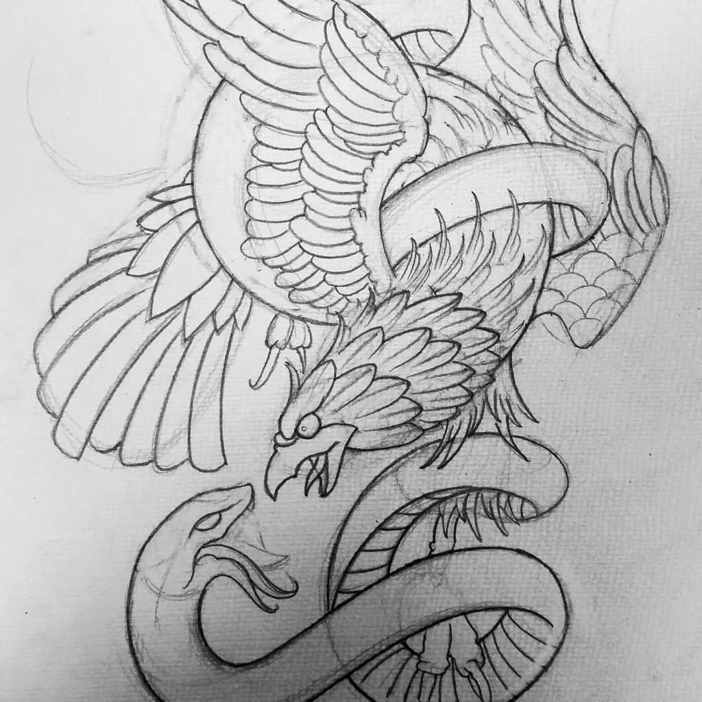 1024x1024 Black Outline Eagle And Snake Tattoo Stencil Drawing - Snake Outline Drawing