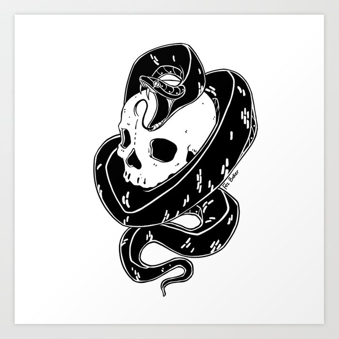 700x700 Snake And Skull Tattoo Flash Art Print - Snake Skull Drawing