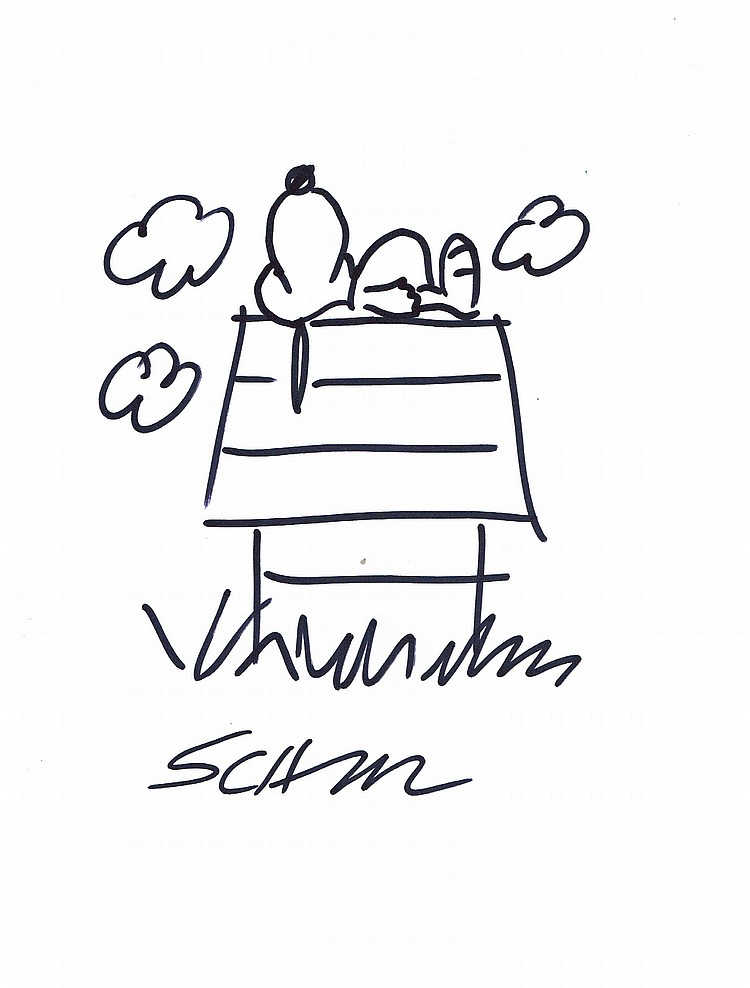 750x988 charles schulz drawing of snoopy sleeping on his dog house - Snoopy Drawing Pictures