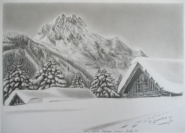 750x541 Woodlandnature Scene In Landscape - Snow Capped Mountain Drawing