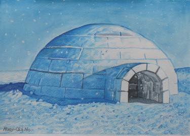 375x268 original colored pencil drawing igloo, snow house, snow hut - Snow Drawing
