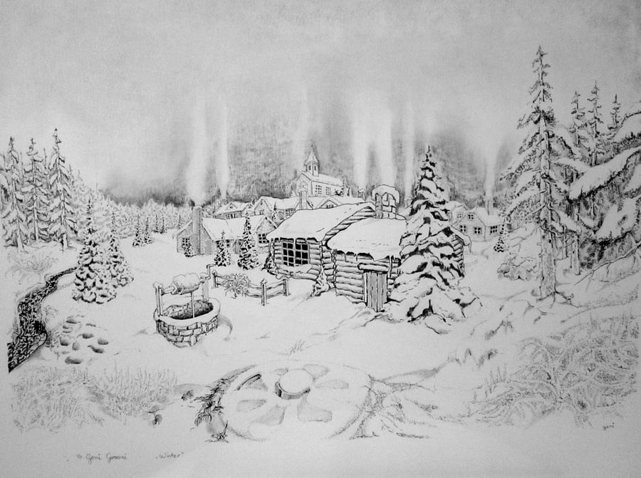 900x671 Winter Drawing - Snow Landscape Drawing