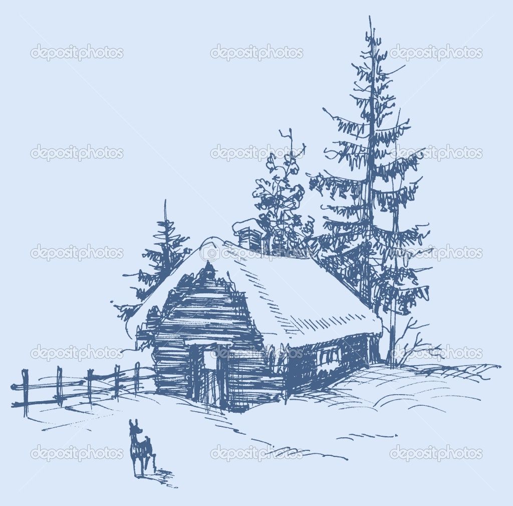 1024x1009 Winter Cabin Embroidery Inspiration - Snow Landscape Drawing