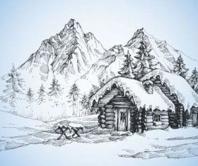 280x235 Snow Mountains Winter Landscape Hand Drawn Vector Art - Snow Mountain Drawing