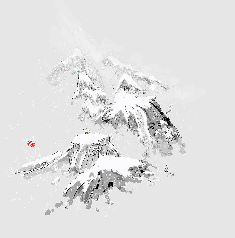 890x900 Snowy Mountain Tops Digital Art - Snow Mountain Drawing