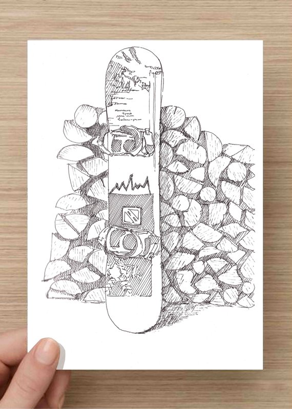 570x798 Pen And Ink Drawing Of A Snowboard And Woodpile Winter Ski Etsy - Snowboard Drawing