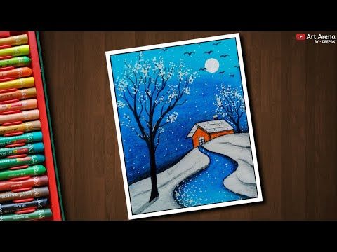 480x360 Snowfall Scenery Drawing With Oil Pastels - Snowfall Drawing