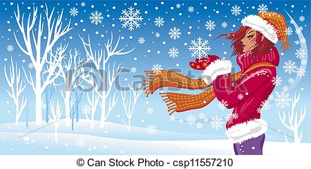 450x244 Winter Girl And Snowfall Vector Illustration - Snowfall Drawing