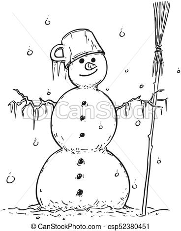 368x470 drawing of smiling snowman with broom and pot cartoon drawing - Snowman Cartoon Drawing