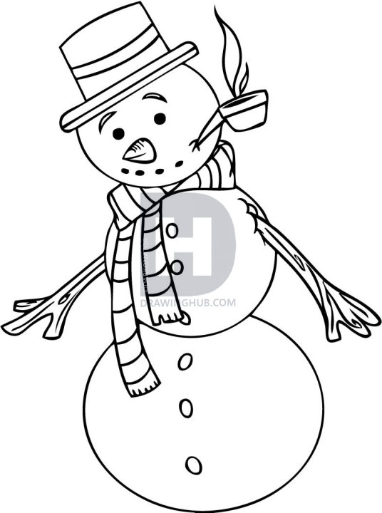 536x720 How To Draw A Snowman, Step - Snowman Line Drawing