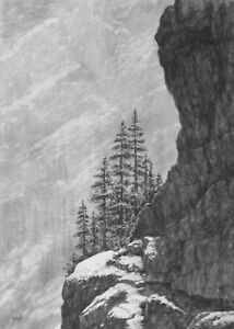 214x300 Original Mountain Landscape Charcoal Drawing Art - Snowy Landscape Drawing