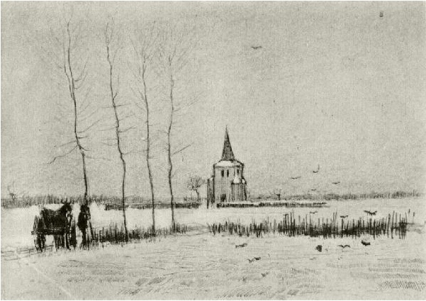 601x425 snowy landscape with the old tower - Snowy Landscape Drawing