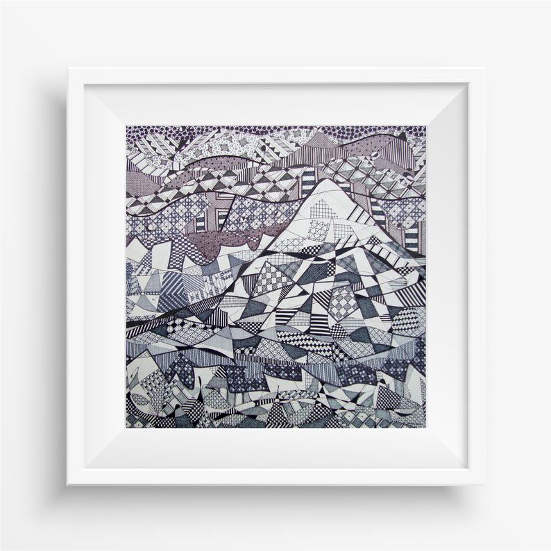 794x794 snowy mountain drawing artwork original ink illustration etsy - Snowy Mountain Drawing