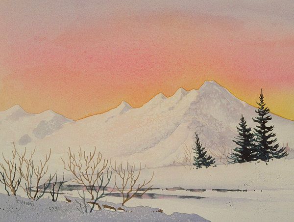 600x452 sunset over snowy mountains watercolor - Snowy Mountain Drawing