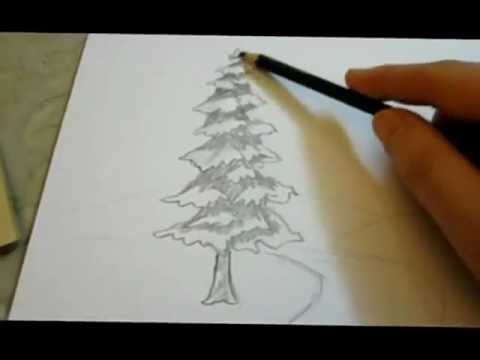 480x360 Tree Pencil Drawing Landscape Tutorial - Snowy Tree Drawing