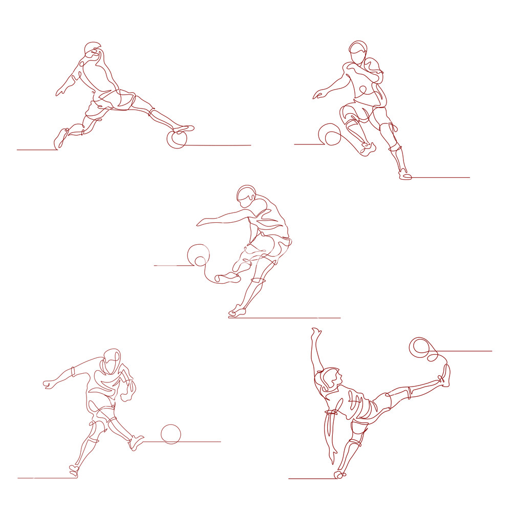 1000x1000 continuous line drawing set of a football player kicks the ball - Soccer Ball Line Drawing