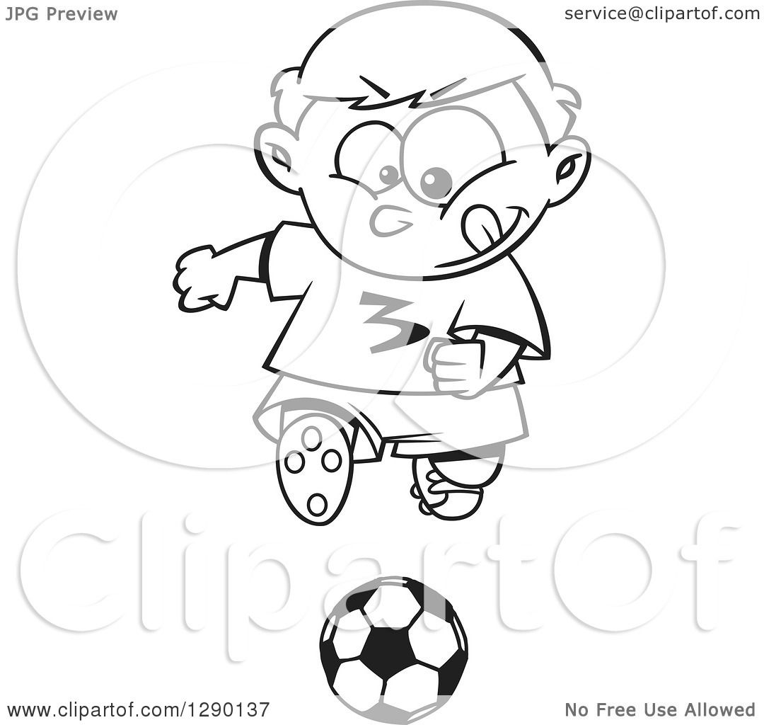 1080x1024 Cartoon Clipart Of A Black And White Focused Sporty Boy Playing - Soccer Line Drawing